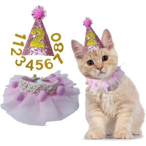 Cat Birthday Party Supplies Pet Birthday Hat with Numbers Tulle Felt Bandana for Dog Cat Cute Accessary（purple-M