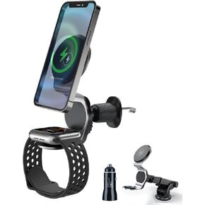 2 in 1 Wireless Car Charger Fast Charging, MagSafe Car Mount Charger, 15W Magnetic Wireless Car Charger for iPhone 15/14/13/12/Apple Watch/Magsafe Case with 7 Color LED