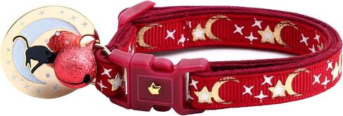 Stars, Suns, and Moons Cat Collar with Bell | Safety Breakaway Collar | Adjustable Large Size or Kitten Collar (Red & Gold Moon, Large(10lbs & Up)) in Kuwait