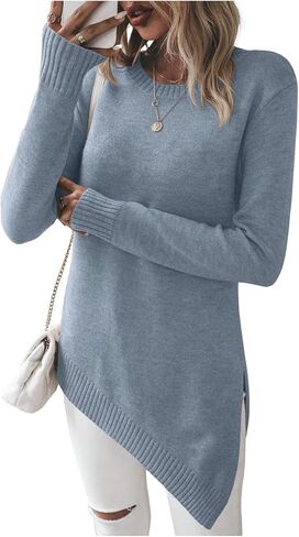 GORGLITTER Women's Split Asymmetrical Hem Sweater Long Sleeve Crewneck Knit Pullover Tops in Saudi Arabia