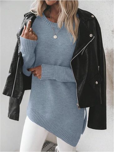 GORGLITTER Women's Split Asymmetrical Hem Sweater Long Sleeve Crewneck Knit Pullover Tops in Saudi Arabia