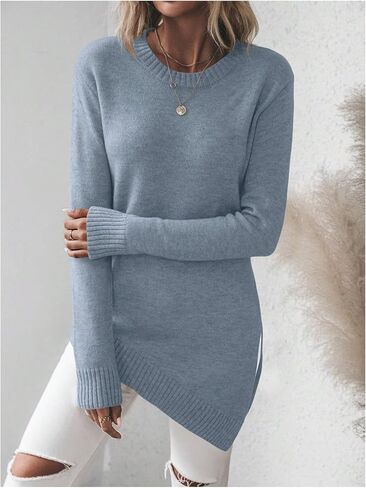 GORGLITTER Women's Split Asymmetrical Hem Sweater Long Sleeve Crewneck Knit Pullover Tops in Saudi Arabia