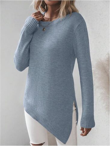 GORGLITTER Women's Split Asymmetrical Hem Sweater Long Sleeve Crewneck Knit Pullover Tops in Saudi Arabia