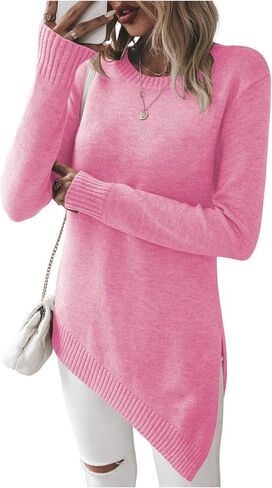 GORGLITTER Women's Split Asymmetrical Hem Sweater Long Sleeve Crewneck Knit Pullover Tops in Saudi Arabia