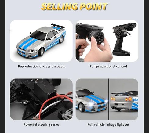 LD1899 1/18 RC Drift Car GTR R34 2.4GHz RWD with Gyroscope on-Road Alloy Body Shell Racing Cars Radio Control (Blue) in Saudi Arabia