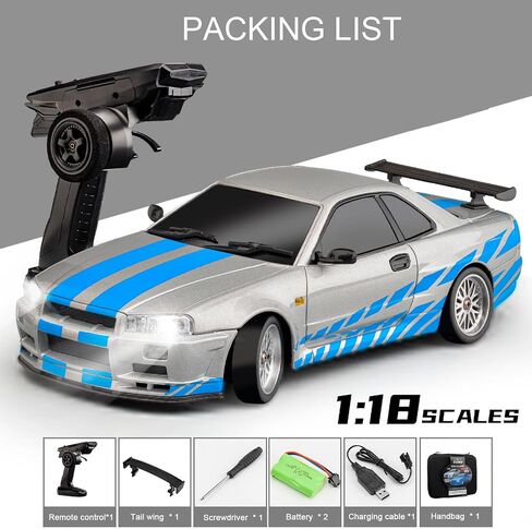 LD1899 1/18 RC Drift Car GTR R34 2.4GHz RWD with Gyroscope on-Road Alloy Body Shell Racing Cars Radio Control (Blue) in Saudi Arabia