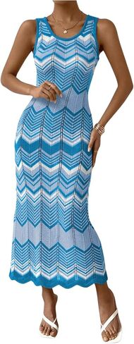 SHENHE Women's Scoop Neck Colorblock Chevron Knit Scalloped Sweater Long Tank Dress in Saudi Arabia