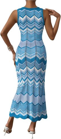 SHENHE Women's Scoop Neck Colorblock Chevron Knit Scalloped Sweater Long Tank Dress in Saudi Arabia