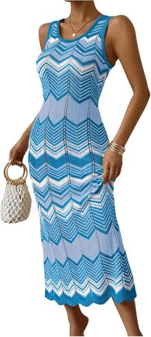 SHENHE Women's Scoop Neck Colorblock Chevron Knit Scalloped Sweater Long Tank Dress in Saudi Arabia