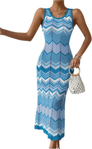 SHENHE Women's Scoop Neck Colorblock Chevron Knit Scalloped Sweater Long Tank Dress in Saudi Arabia