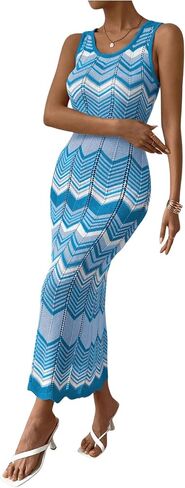SHENHE Women's Scoop Neck Colorblock Chevron Knit Scalloped Sweater Long Tank Dress in Saudi Arabia