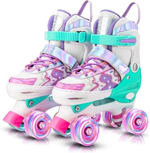 Roller Skates for Girls Boys Kids,4 Size Adjustable Light up Wheels,Birthday Gift for Indoor Outdoor Sports, Pink Blue Skates for Toddlers Age 3-12 Years Old in Kuwait