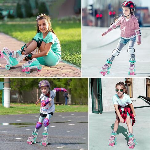 Roller Skates for Girls Boys Kids,4 Size Adjustable Light up Wheels,Birthday Gift for Indoor Outdoor Sports, Pink Blue Skates for Toddlers Age 3-12 Years Old in Kuwait