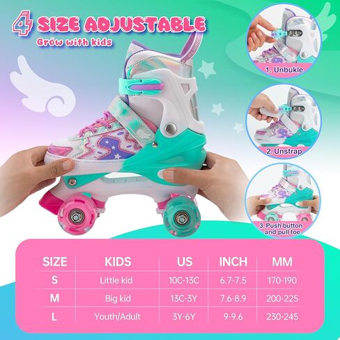 Roller Skates for Girls Boys Kids,4 Size Adjustable Light up Wheels,Birthday Gift for Indoor Outdoor Sports, Pink Blue Skates for Toddlers Age 3-12 Years Old in Kuwait
