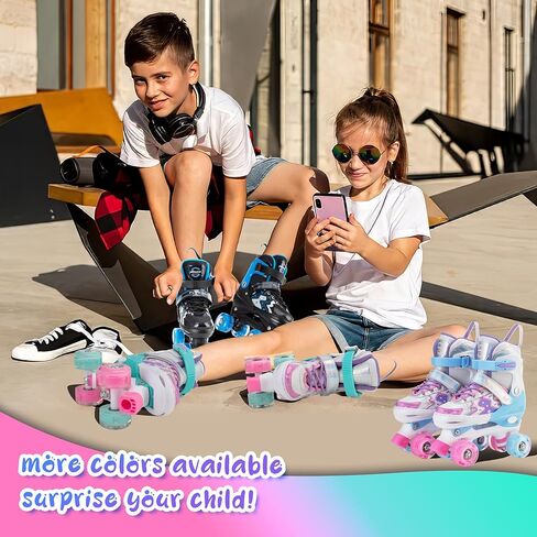 Roller Skates for Girls Boys Kids,4 Size Adjustable Light up Wheels,Birthday Gift for Indoor Outdoor Sports, Pink Blue Skates for Toddlers Age 3-12 Years Old in Kuwait