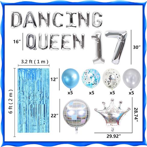 37 PCS Dancing Queen 17 Balloons Dancing Queen Mamma Mia Party Decorations 17 Birthday Party Decoration Sliver Blue 17 Birthday Decoration Mamma Mia Party Supplies in Kuwait