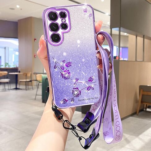 for Samsung Galaxy S24 Ultra Case Glitter with Crossbody Lanyard Strap for Women Girls, Sparkle Bling Shiny Soft TPU Flower Floral Shockproof Cover Case for Galaxy S24 Ultra YSS Purple in Saudi Arabia