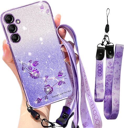 for Samsung Galaxy S24 Ultra Case Glitter with Crossbody Lanyard Strap for Women Girls, Sparkle Bling Shiny Soft TPU Flower Floral Shockproof Cover Case for Galaxy S24 Ultra YSS Purple in Saudi Arabia