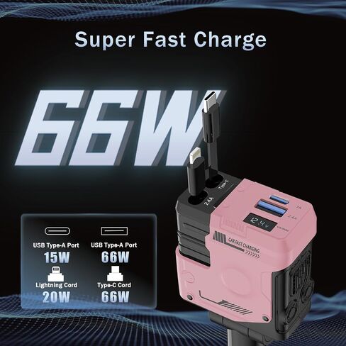 Retractable Car Charger, 4 in 1 66W Fast Charging USB C Car Charger | 2 Retractable Cables & Dual USB-A/C Ports, Cigarette Lighter Adapter, Car Accessories for iPhone 17/16, Samsung Galaxy in Kuwait