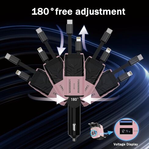 Retractable Car Charger, 4 in 1 66W Fast Charging USB C Car Charger | 2 Retractable Cables & Dual USB-A/C Ports, Cigarette Lighter Adapter, Car Accessories for iPhone 17/16, Samsung Galaxy in Kuwait