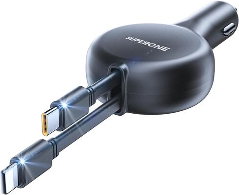 شاحن سيارة SUPERONE 3 في 1 مع أسلاك قابلة للسحب، محول سيارة USB C متوافق مع هواتف iPhone 16/15/14/13/12/11 Pro Max Samsung Android in Kuwait