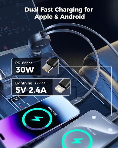 شاحن سيارة SUPERONE 3 في 1 مع أسلاك قابلة للسحب، محول سيارة USB C متوافق مع هواتف iPhone 16/15/14/13/12/11 Pro Max Samsung Android in Kuwait