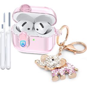 MOFREE Safety Lock Clear Case for Airpods 4 Case 2024 with Cleaner Kit & Elephant Keychain,Soft TPU Transparent airpods 4th Generation Case,Protection Cover for Cute Apple Air Pods 4 Case Women Pink