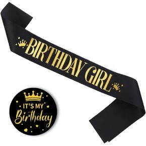 Birthday Girl Ribbon Satin Fabric Birthday Button Pins Tinplate Birthday Award Ribbon Badge Strap Set Party Supplies