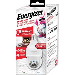 Energizer Smart Outdoor 2K QHD Security Socket Camera with Auto Tracking, Night Vision, Pan and Tilt, Instant Alerts, Google Home, Alexa, Voice Control, White