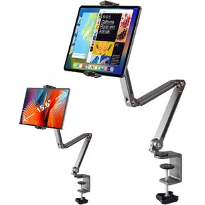 Aluminum Alloy Tablet Stand for Desk, 360° Adjustable iPad Arm Mount Foldable Phone Holder Compatible with iPad Pro Air 13/12.9/11 Mini, iPad 10/9th, Portable Monitor 15.6, Samsung Galaxy Tab, Kindle