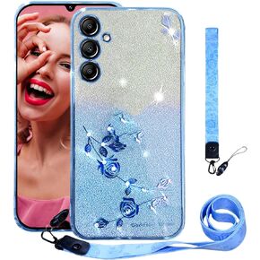 CCSmall Bling Case for Samsung Galaxy S24 FE with Crossbody Lanyard, Cute Sparkle Glitter Diamond Flower Shoulder Strap Wristband Protective Case Cover for Samsung Galaxy S24 FE YSH Rose