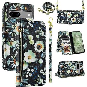Wallet Case for Google Pixel 7A 5G 2023 with Detachable Wrist Strap Shoulder Strap, 9+ Card Slots Zipper Purse, Floral Leather Stand Card Holder Cell Phone Cover for Pixel7A A7 Women Men Pink