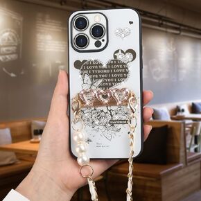 متوافق مع حافظة iPhone 14 Pro Max Bling مع سلسلة كروس لؤلؤية لامعة على شكل قلب وأحجار الراين الماسية وزهور للنساء البناتي، غطاء حماية كامل لعدسة الكاميرا من مادة TPU الناعمة، أبيض