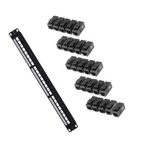 VCE Patch Panel 24 Port with 25-Pack Cat6 Black RJ45 Keystone Coupler, 1U Blank Rackmount Panel, 19 inch, 1 Pack