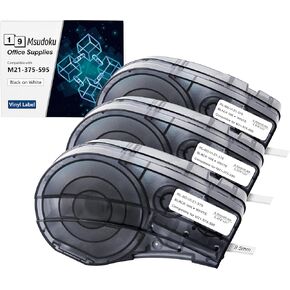 3 Pack Black on White Tape 3/8'' Vinyl Label Compatible for M21-375-595-WT M21-375-595 Label Cartridge, 0.375" W x 21' L for Indoor and Outdoor ID, Lab Labeling and Equipment Labeling