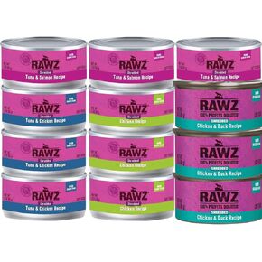 Rawz Natural Premium Canned Cat Wet Food Shredded -12 Pack Cans Variety Pack -4 Flavors - (Tuna & Salmon, Chicken & Duck, Tuna & Chicken, Chicken) Can Lid - (3oz Cans)