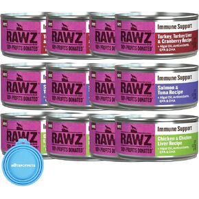 Rawz Natural Premium Pate Canned Food for Cats +ALGAL OIL, ANTIOXIDANTS AND EPA & DHA for Immune Support -12 Pack Cans Variety Flavor Bundle Pack -3 Flavors - with Hotspot Pets Can Lid - (5.5 oz Cans)