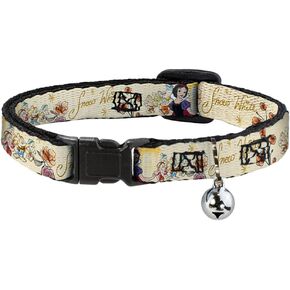 Cat Collar Breakaway with Bell Snow White and Seven Dwarfs with Script and Flowers Yellows 8.5 to 12 Inches 0.5 Inch Wide