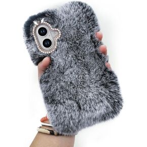 Losin Compatible with iPhone 16 Plus Case Cute Plush Furry Case with Glitter Lanyard Strap Bling Diamond Camera Lens Protector Soft Winter Warm Plush Fluffy Fur Cover for Women and Girls, Pink