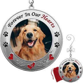 BANBERRY DESIGNS 2024 Pet Memorial Christmas Photo Ornament - Hearts and Paw Prints on a Shiny Silver Ornament - Gift/Storage Bag Included