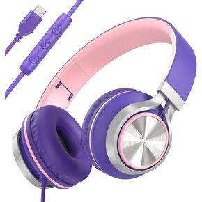 Girls/Kids USB C(Type C) Wired Headphones with Mic & Volume Control,Tangle-Free Plaiting Line,Over/On-Ear Headphones,Lightweight Foldable for Smartphone,Tablet,Iphone 16/15 series（Pink-purple）