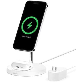 Belkin MagSafe 2-in-1 Wireless Charging Stand for Apple iPhone 16, iPhone 15, iPhone 14, iPhone 13 Series & AirPods - MagSafe Fast Charging Station for Multiple Devices - White (Certified Refurbished)