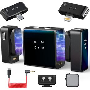 ميكروفون Lavalier لاسلكي لأجهزة iPhone/الكاميرا/Android/الكمبيوتر المحمول مع خاصية إلغاء الضوضاء، عمر بطارية 25 ساعة، نطاق 131 قدم، مشبك على ميكروفون لاسلكي لتسجيل الفيديو، ومدونات الفيديو، والمقابلة