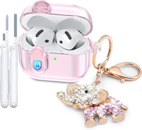 MOFREE Safety Lock Clear Case for Airpods 4 Case 2024 with Cleaner Kit & Elephant Keychain,Soft TPU Transparent airpods 4th Generation Case,Protection Cover for Cute Apple Air Pods 4 Case Women Pink in Saudi Arabia