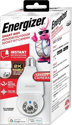 Energizer Smart Outdoor 2K QHD Security Socket Camera with Auto Tracking, Night Vision, Pan and Tilt, Instant Alerts, Google Home, Alexa, Voice Control, White in Saudi Arabia