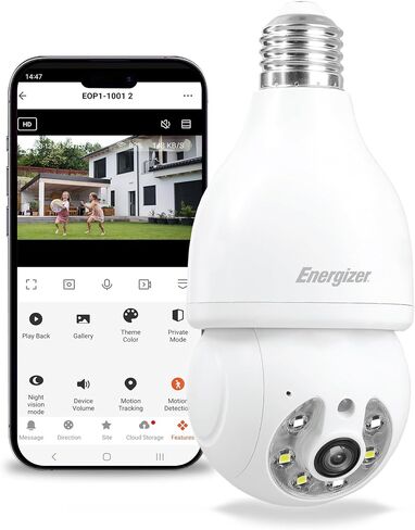Energizer Smart Outdoor 2K QHD Security Socket Camera with Auto Tracking, Night Vision, Pan and Tilt, Instant Alerts, Google Home, Alexa, Voice Control, White in Saudi Arabia