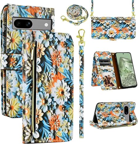 Wallet Case for Google Pixel 7A 5G 2023 with Detachable Wrist Strap Shoulder Strap, 9+ Card Slots Zipper Purse, Floral Leather Stand Card Holder Cell Phone Cover for Pixel7A A7 Women Men Pink in Kuwait