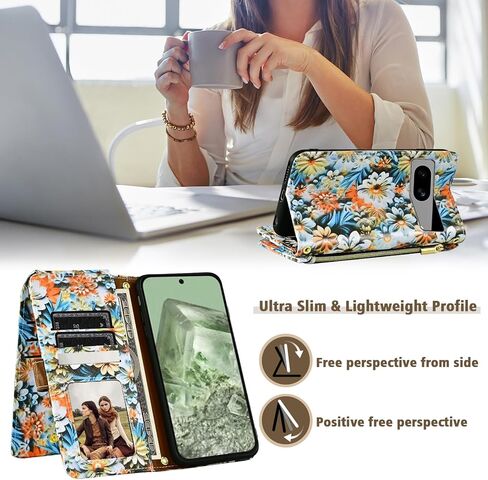 Wallet Case for Google Pixel 7A 5G 2023 with Detachable Wrist Strap Shoulder Strap, 9+ Card Slots Zipper Purse, Floral Leather Stand Card Holder Cell Phone Cover for Pixel7A A7 Women Men Pink in Kuwait