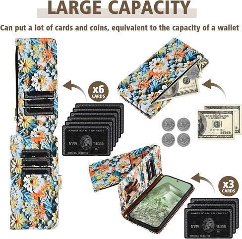 Wallet Case for Google Pixel 7A 5G 2023 with Detachable Wrist Strap Shoulder Strap, 9+ Card Slots Zipper Purse, Floral Leather Stand Card Holder Cell Phone Cover for Pixel7A A7 Women Men Pink in Kuwait