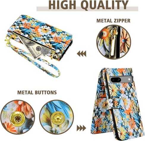 Wallet Case for Google Pixel 7A 5G 2023 with Detachable Wrist Strap Shoulder Strap, 9+ Card Slots Zipper Purse, Floral Leather Stand Card Holder Cell Phone Cover for Pixel7A A7 Women Men Pink in Kuwait